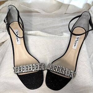 Nine Black Rhinestone Square Toe Ankle Strap Sandals